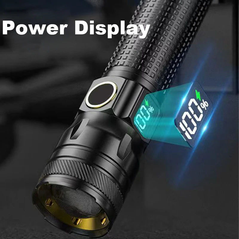 Aluminum Alloy Rechargeable LED Flashlight, Power Display, High Power Torch Light Waterproof.