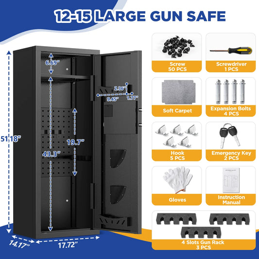 12-15 Gun Cabinet, for Home Storage, Quick Access safe with Alarm System.
