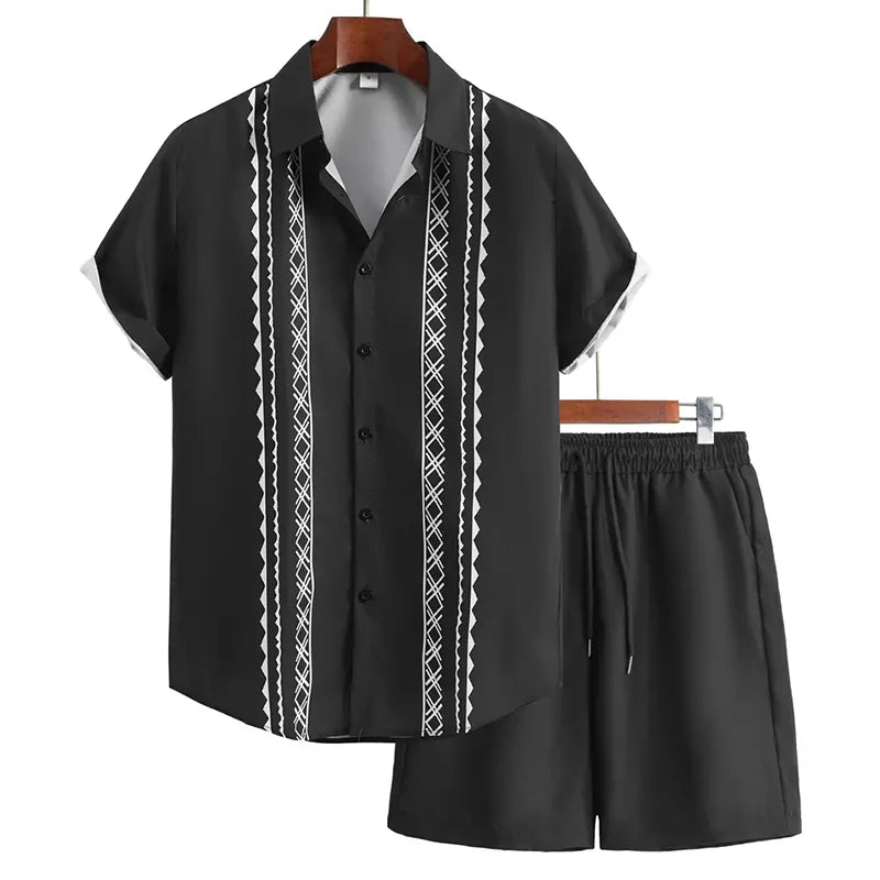 New Men Summer Holiday Suit Textured Printed Shirt Short Sleeve, Two Piece Men Breathable Pool Suit.