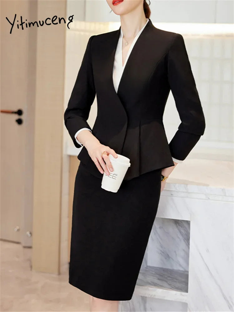 Slim 2 Piece Blazer and Skirt 2025 New Fashion Office Ladies V Neck Long Sleeve Blazers.