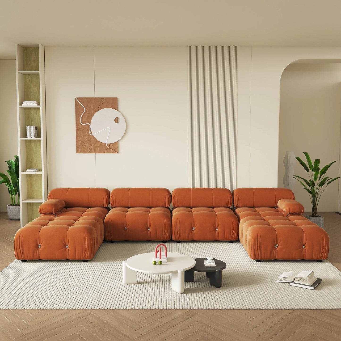138" Modular Sectional Couch Modern U-Shaped Velvet Sofas for Living Room, Deep 4-Seat Sofas with 2 Ottomans.