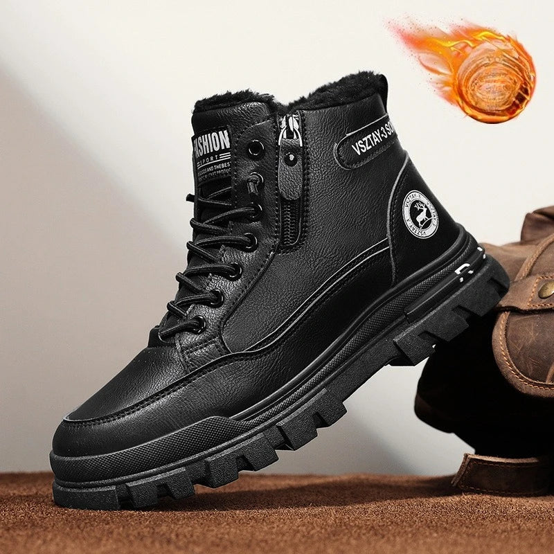 New winter plush thick warm men cotton shoes, trendy outdoor high top male boots.