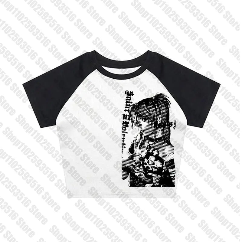 Y2k anime Streetwear O-neck 90s Text Printing , Simple Vintage Crop Aesthetic T-shirt.