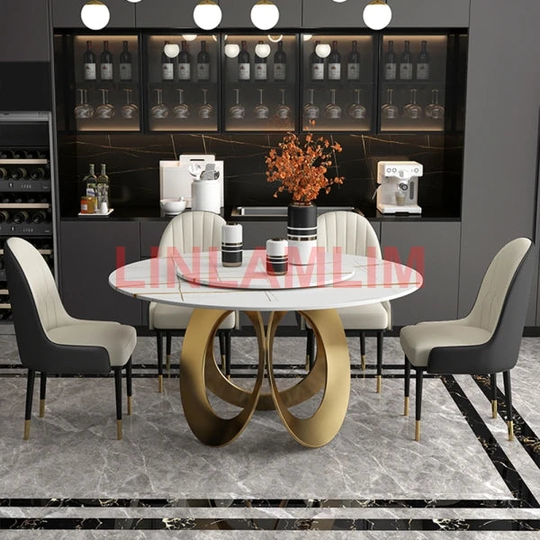 Dining Room furniture, sintered stone Table, Featuring Leather Chairs and Stainless Steel Design.