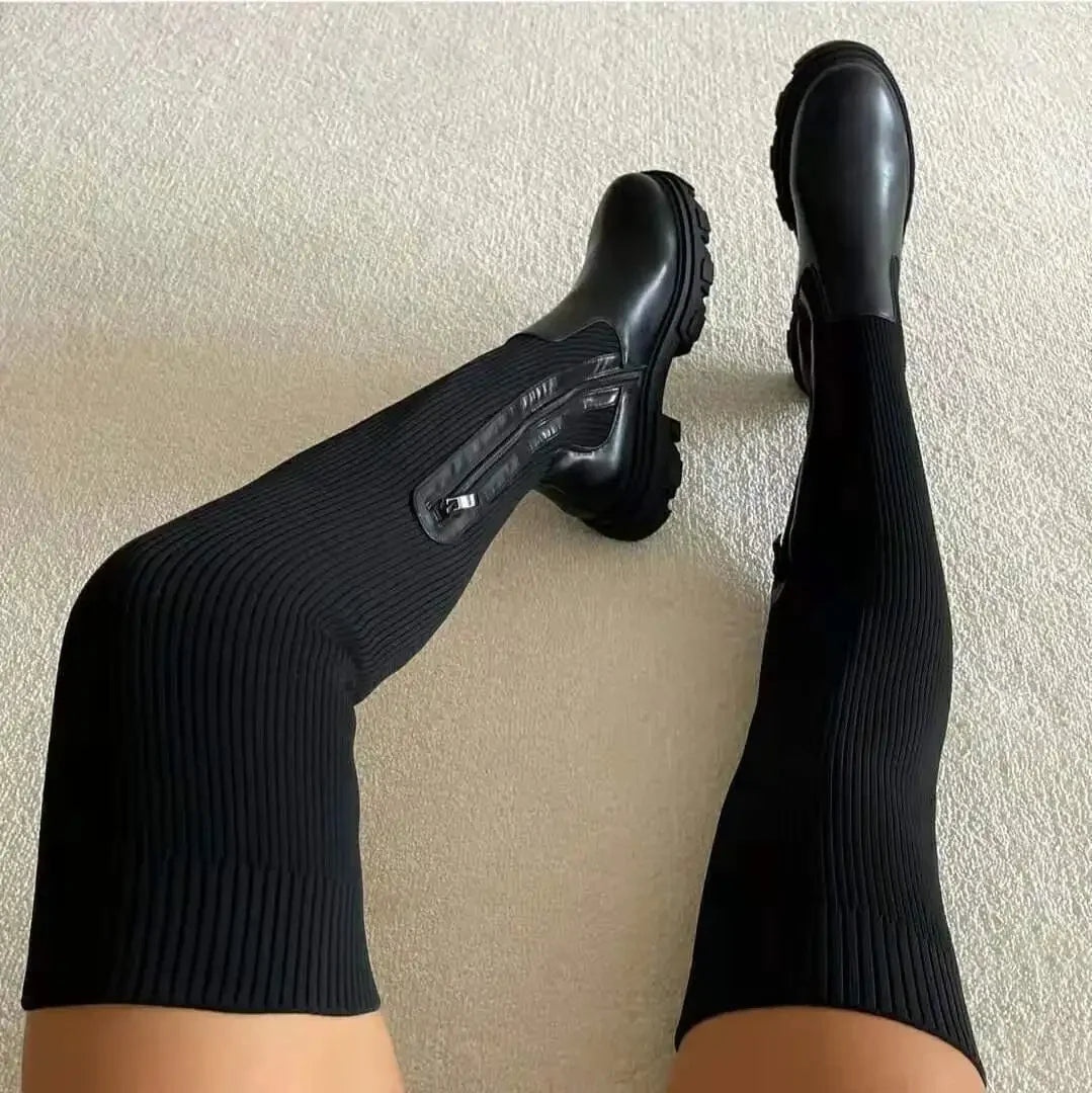 Women Thick Sole Boots, 2024 Autumn Winter Breathable Thigh High Shoes.