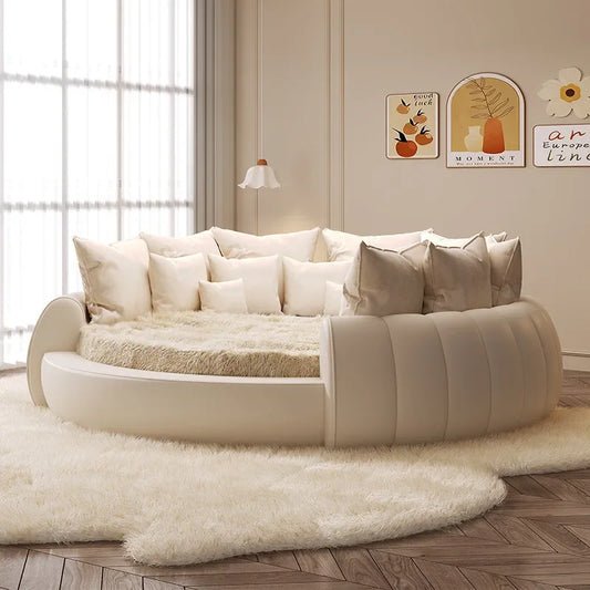 2.2×2m Master Bedroom Big Round Bed, Modern Hotel Guest House Cream White Leather, Full Bed Frame Lazy Cloud Sectional.