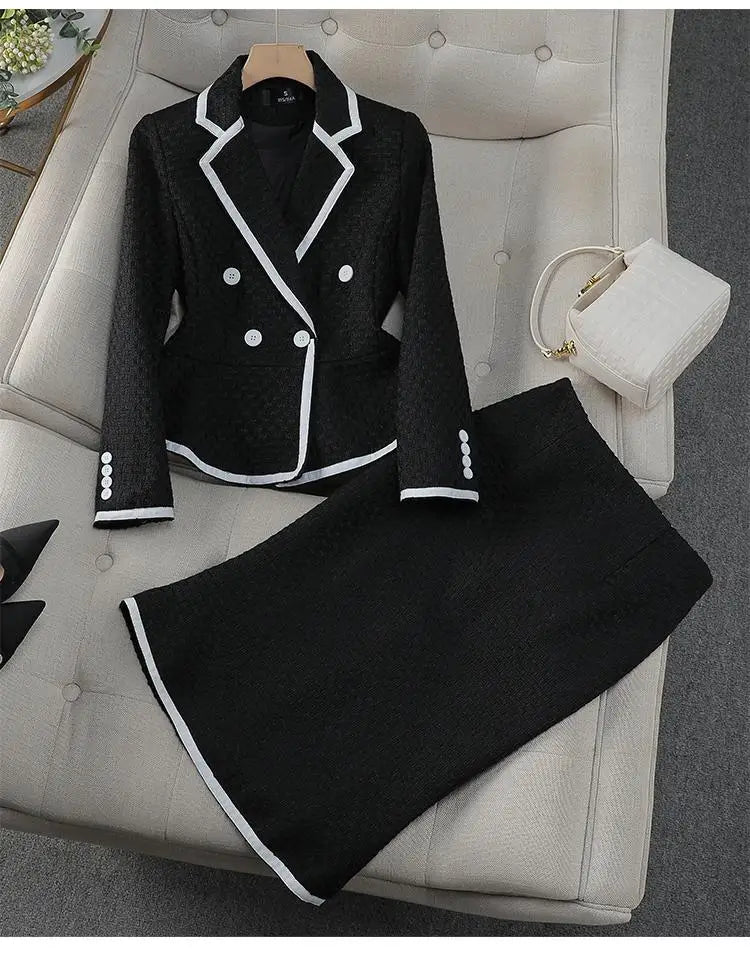 Black White Office Lady French Two Piece Suit ,Women, High Waist Midi Skirts, short blazer.