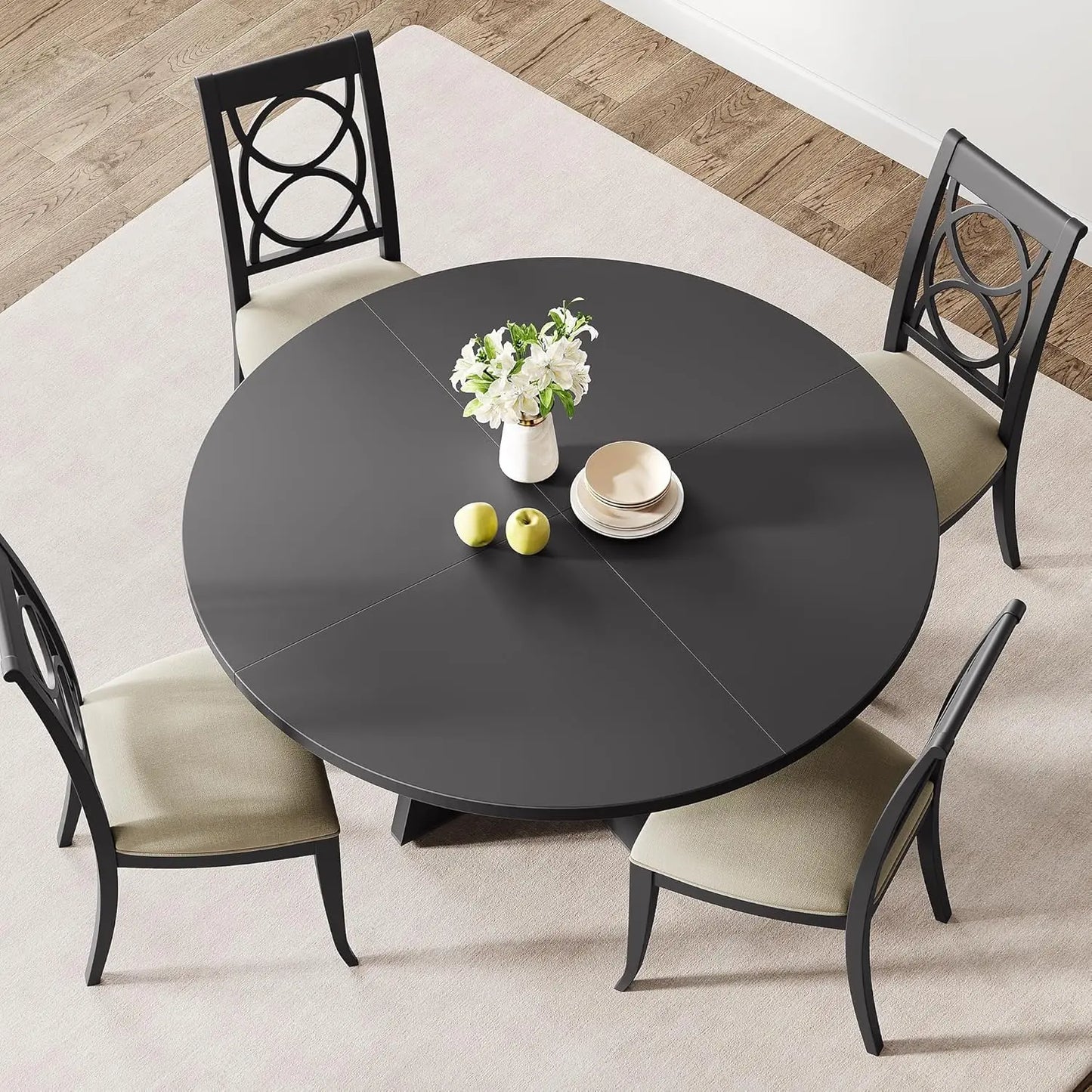 47-Inch Round Large Dining Table Set for 4 to 6, Farmhouse Dinner Table with Wooden Top and Legs (No Chairs)