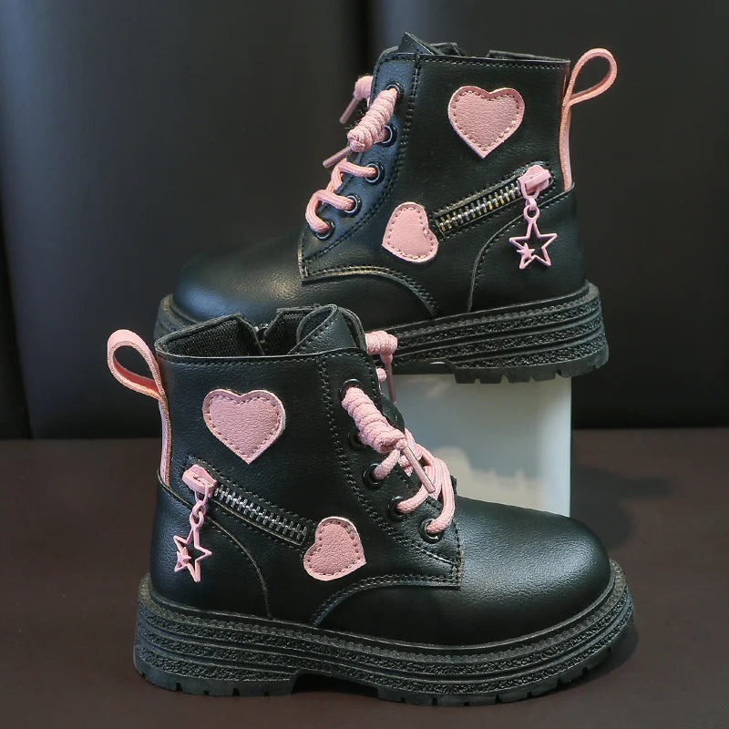 Kids Fashion Rubber Boots Cool Girl Autumn and Winter Cotton Soft Sole Pink with Love Side Zip Princess Round-toe PU Girls Boots