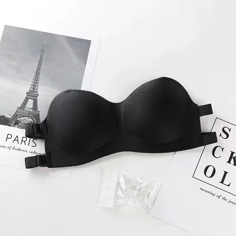 Sexy Backless Invisible Push Up for Women, Seamless Black Strapless Bra.