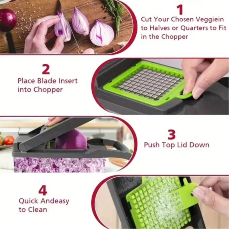 6-in-1 Vegetable Chopper - Kitchen Slicer for Dicing, Julienne & Grating, Safe Food Prep with Container.
