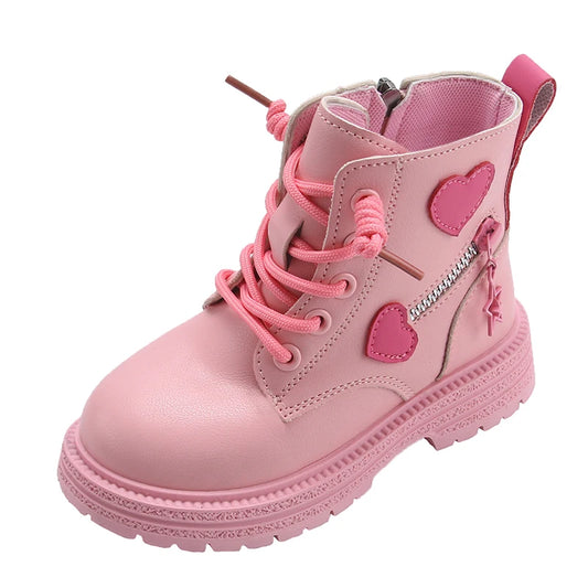 Bottes en caoutchouc tendance pour enfants fille cool automne et hiver coton semelle souple rose avec amour fermeture éclair latérale princesse bout rond bottes en PU pour filles