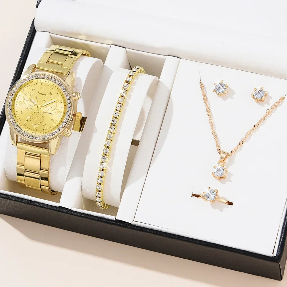 Women Quartz Watch Luxury Diamonds, Simple Stainless Steel Strap, Ring, Necklace, Earrings.
