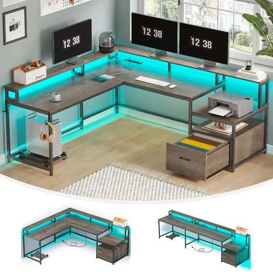 L Shaped Gaming Desk  with File Drawer Power Outlet Computer Desk  Led Lights