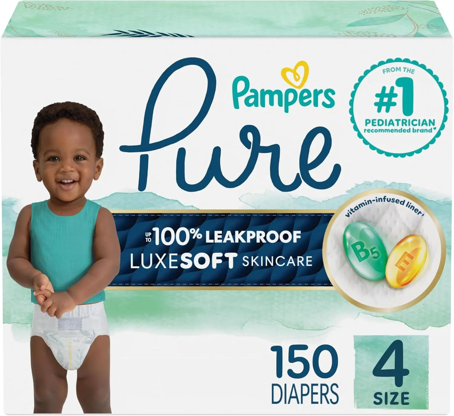 Pure Protection Baby Diapers, Size 4, 150 Count, Up to 100% Leakproof, Premium Plant-based Skin Protection, Hypoallergenic.