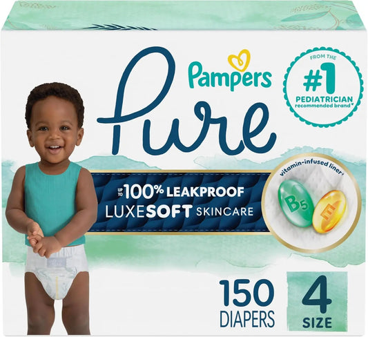 Pure Protection Baby Diapers, Size 4, 150 Count, Up to 100% Leakproof, Premium Plant-based Skin Protection, Hypoallergenic.