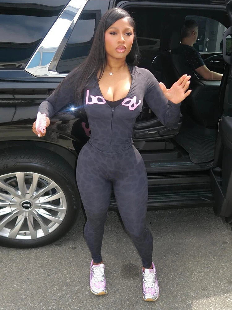 Letter Print 2 Piece Set, Women Zip Cardigan Hooded Crop Jacket Skinny Leggings, Wild Sporty Style Outfits,