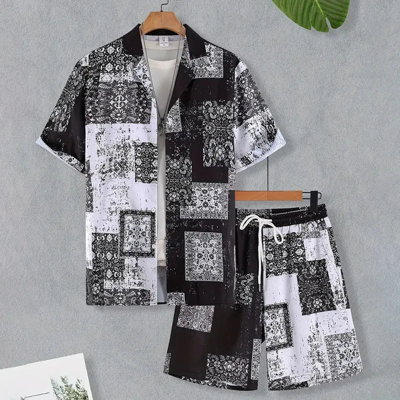 New Men Summer Holiday Suit Textured Printed Shirt Short Sleeve, Two Piece Men Breathable Pool Suit.
