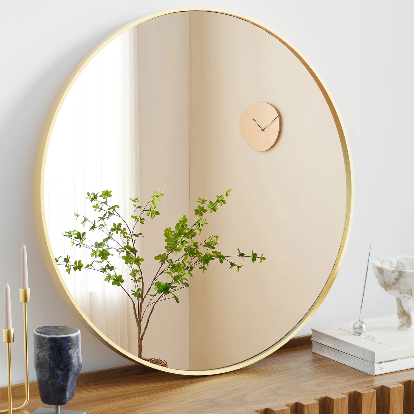 Large Gold Round Vanity Framed Mirror for Wall  Metal Framed 30 Inch  Mirror Tempered Glass