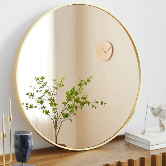 Large Gold Round Vanity Framed Mirror for Wall  Metal Framed 30 Inch  Mirror Tempered Glass
