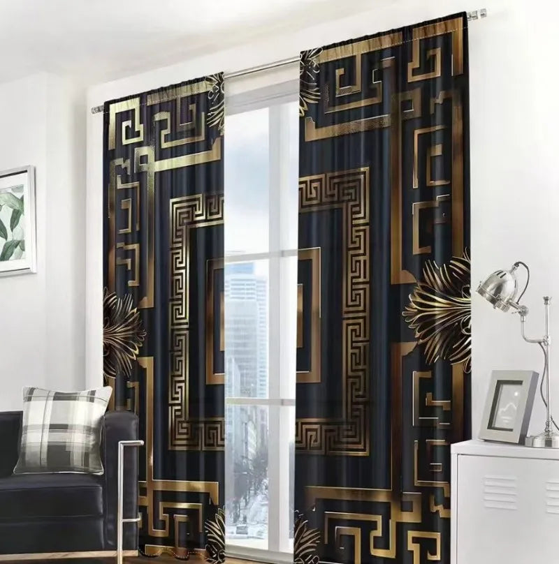 2pcs Gold patterned black background polyester curtains.