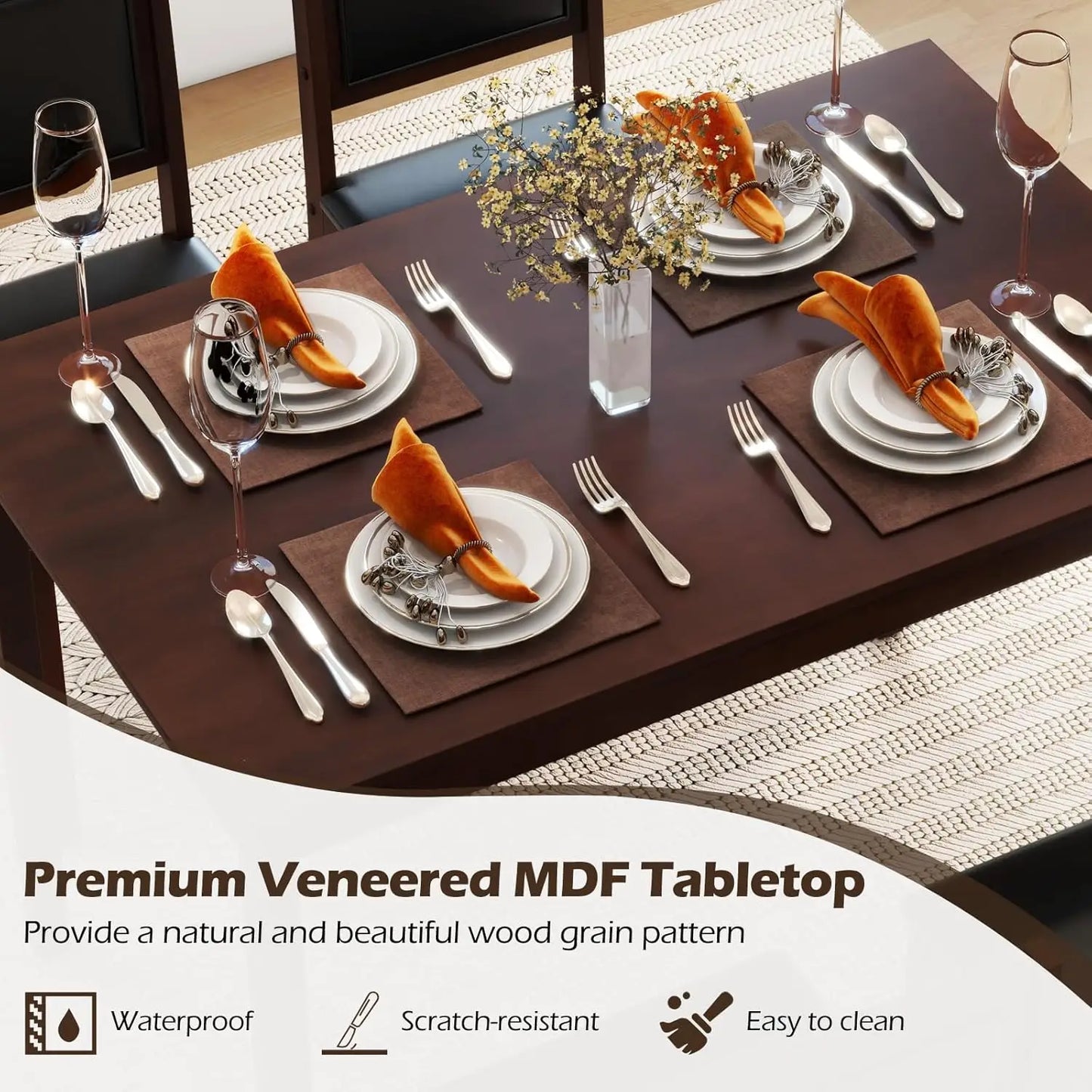 Dining Table Set for 4, Farmhouse Solid Wood Dinette Set w/Rubber Wood Legs, Upholstered Seat & Padded Backrest.