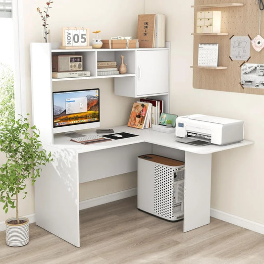 Bureau en L avec huche, bureau d'angle blanc avec étagère de rangement et armoire, table pour ordinateur portable.