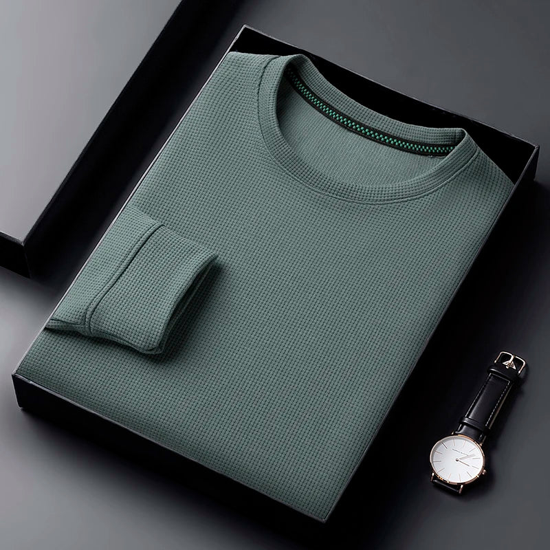 Men Casual Waffle Round Neck T-shirt Breathable, Comfortable, and Fashionable Long Sleeved T-shirt.