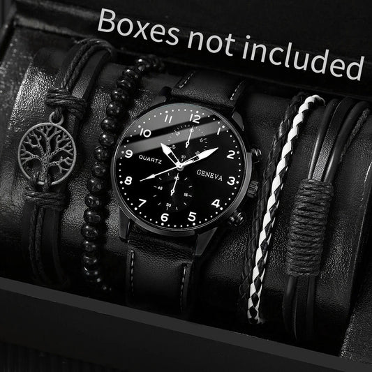 5PCS/Set Men's Watch, Arabic Dial Analog Quartz Watches, Vintage Leather Bracelets Set.