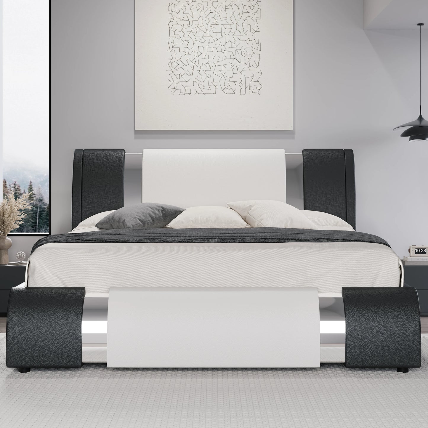 Modern Faux Leather Bed Frame with Iron Pieces Decor, Low Profile Platform Bed with Height-Adjustable Headboard.