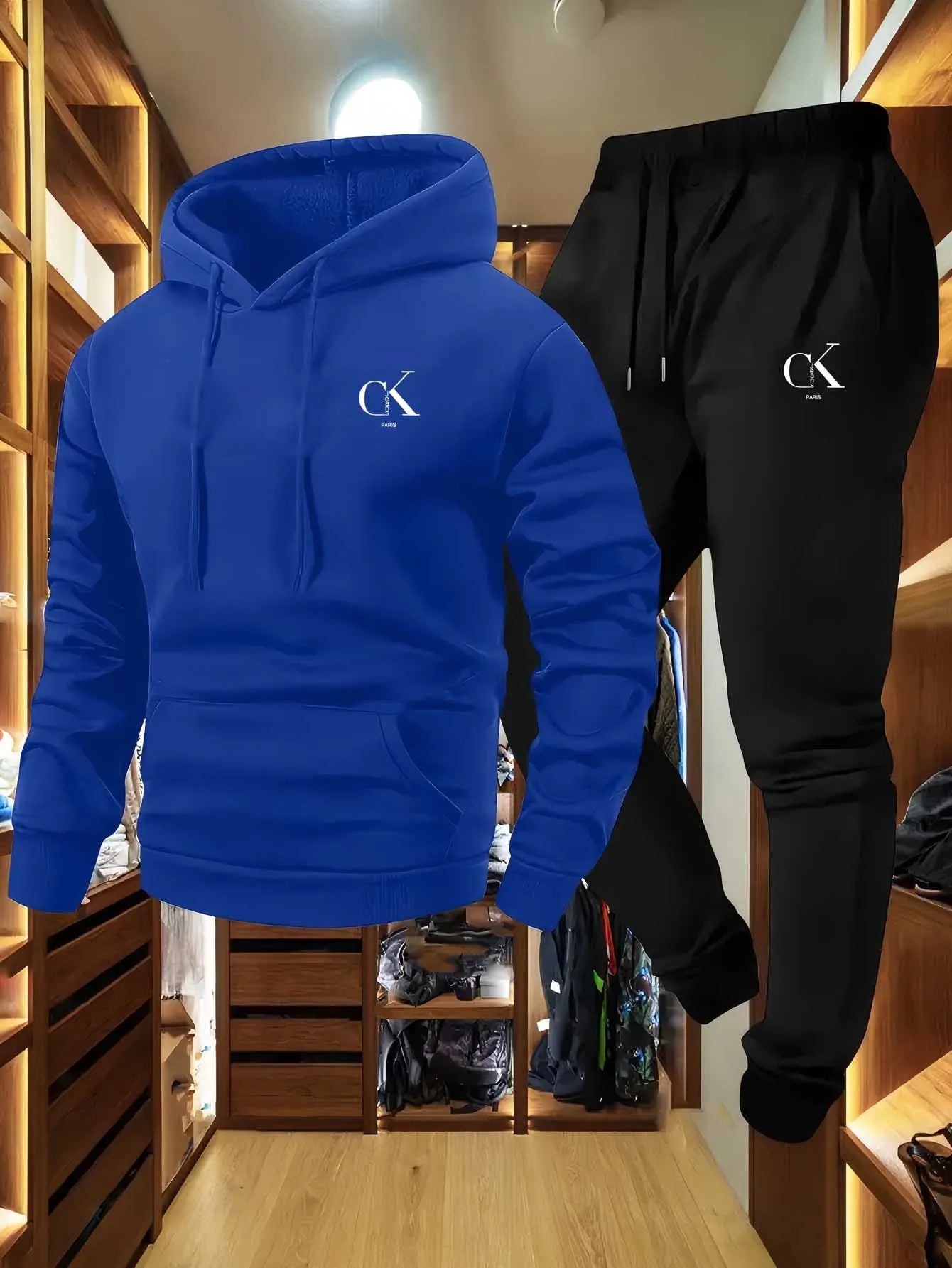 2025 Men Hoodie & Sweatpants Set - Casual Gray Loungewear with Pockets, Drawstring Hood and Ribbed Waistband.