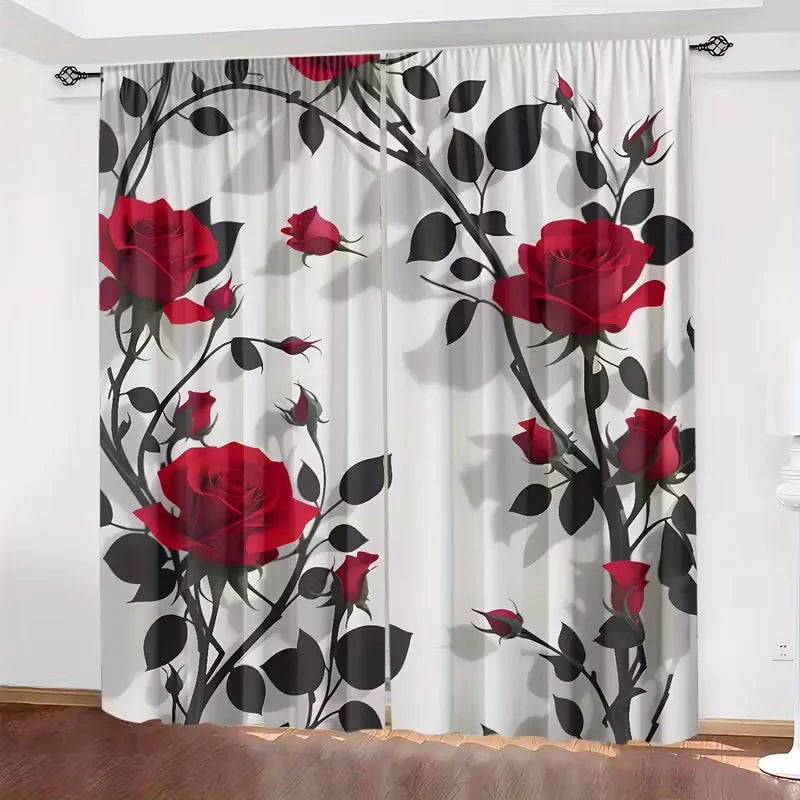 2pcs Elegant Red Rose & Black Leaf Pattern Curtains, Designed for Light Blocking.