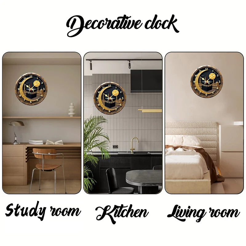 Black & Golden Wooden Round Silent Hanging Wall Clock, Suitable For Living Room, Office, Study Room, Bedroom.