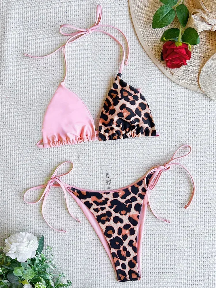 Halter Splicing Leopard Bikinis 2026 Satin Bikini Female Swimsuit Women Swimwear.