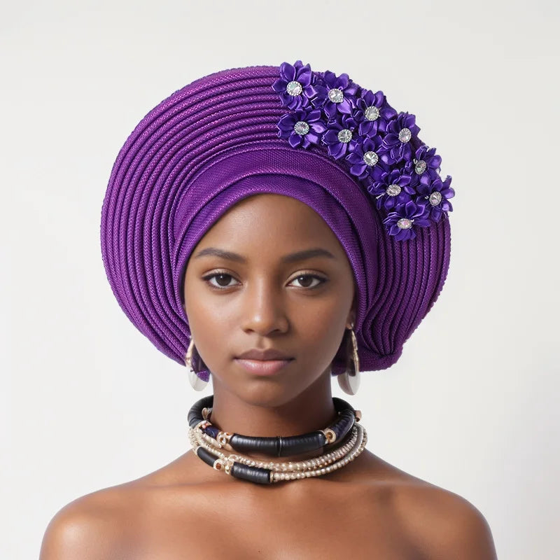 Red Multi-Layered, Turban Hat African Fan Shaped Head Wraps ,Pleated Headwear With Crystal.