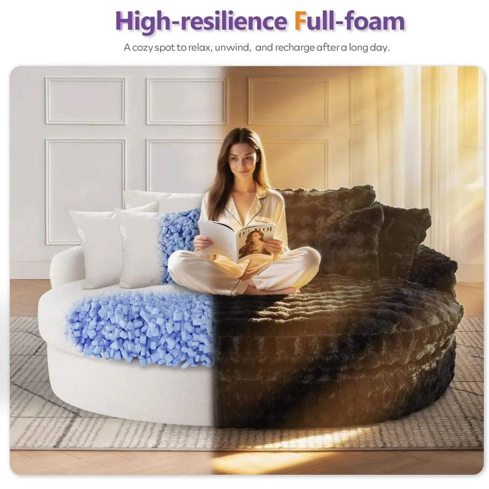 Oversized Round Chaise Lounge Chair Indoor, Deep Seat Memory Foam Couch, Plush Circle Bed for Livingroom (Black)