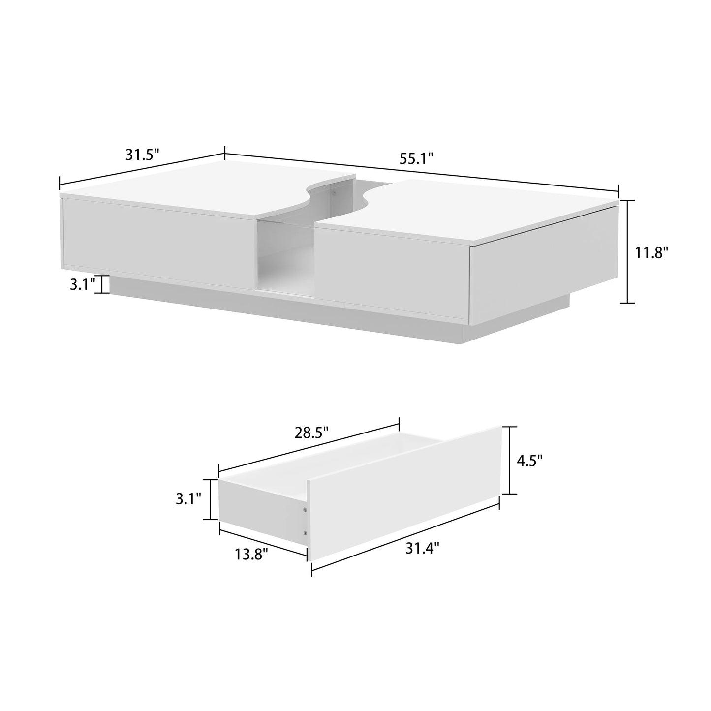 55.1'' Wide Modern Coffee Table With 2 Drawers & LED Lights.