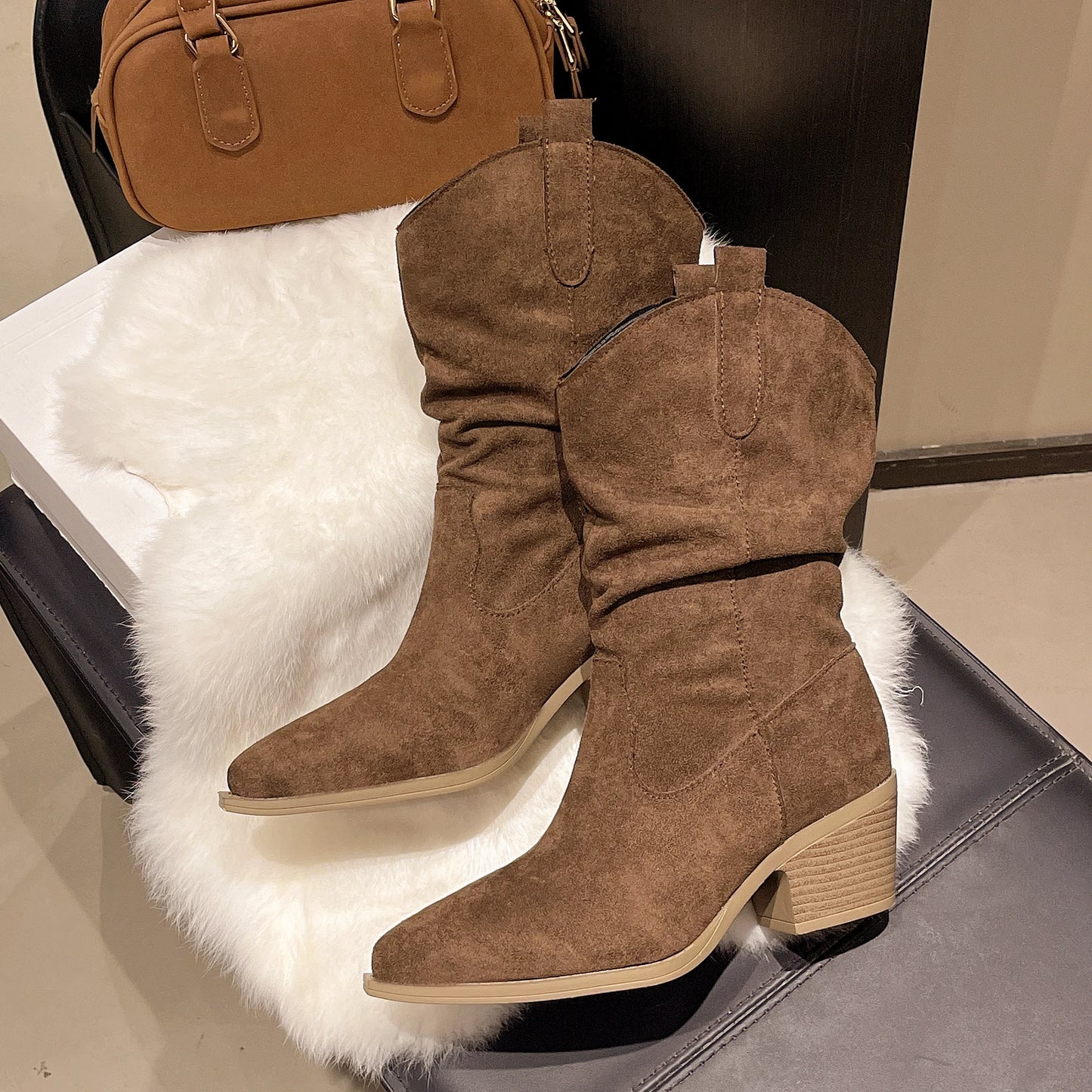 Women Autumn & Winter Flocked Mid Calf Boots, Non Slip Western Boots.