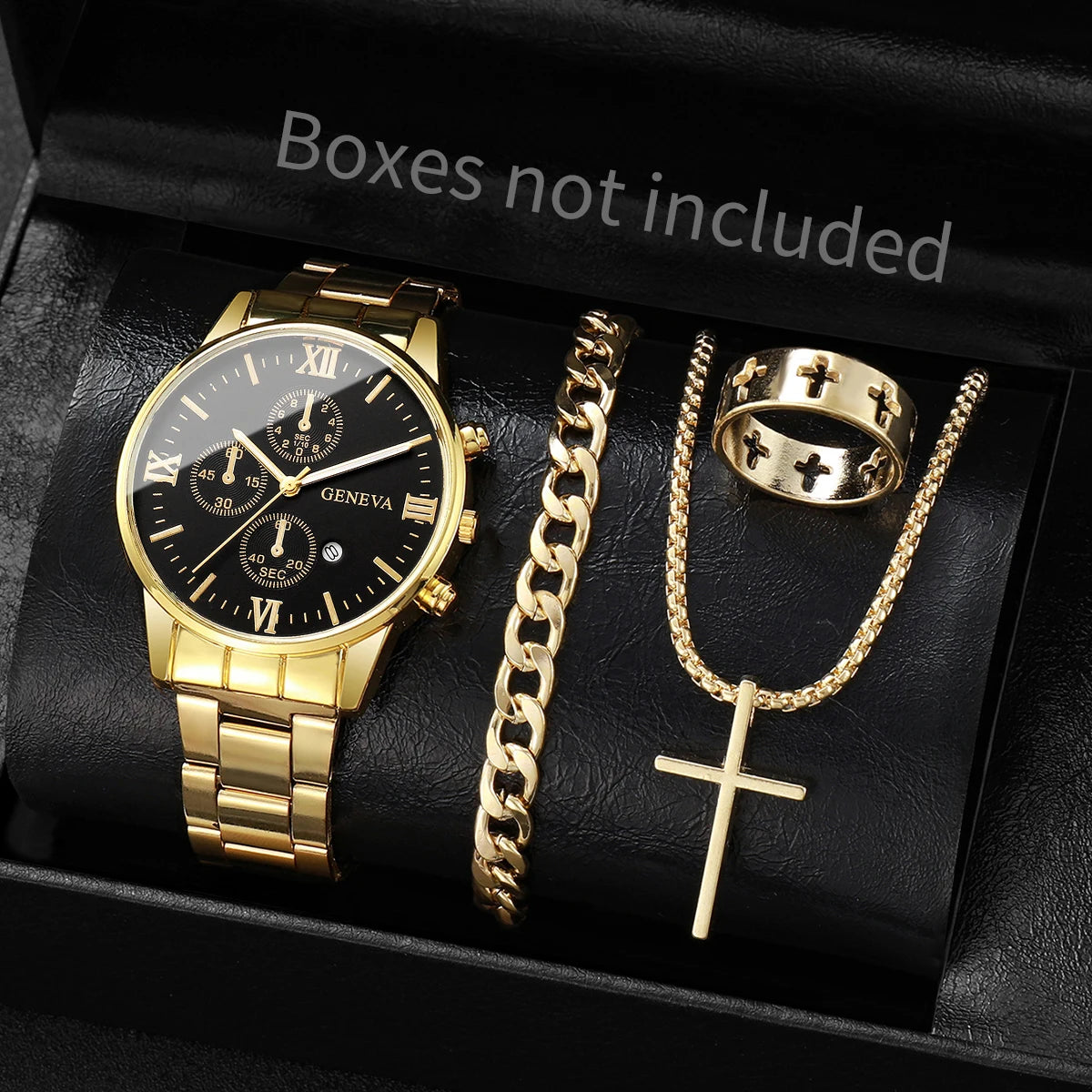 4pcs/set Men's Watch Bracelet Necklace Ring Set   (No Box)