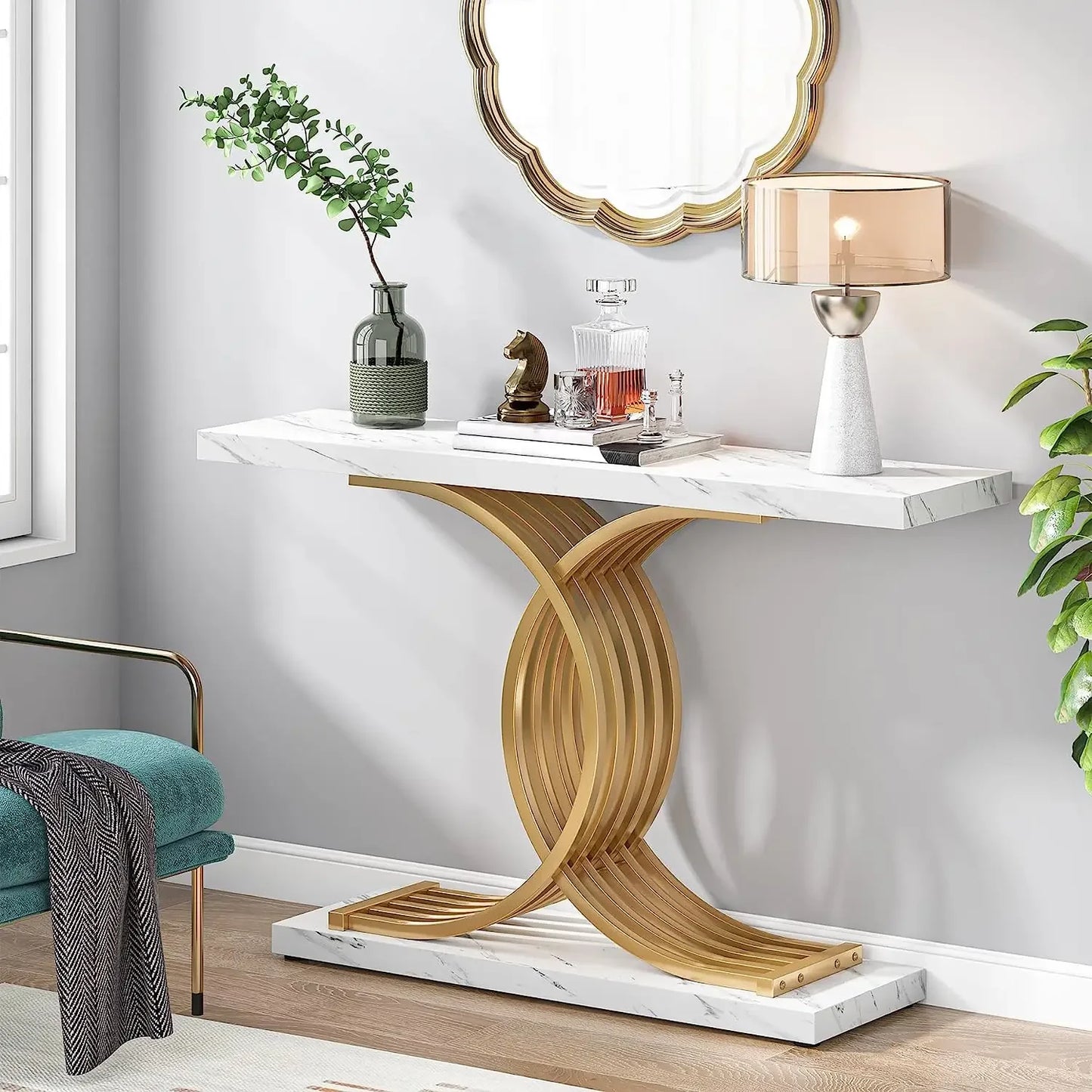 Gold Entryway Table, Modern 39-Inch Console Faux Marble Metal Legs.