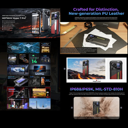 HOTWAV Hyper 7 Pro, Rugged Phone 36GB 256GB MediaTek, Dimensity 7050 5G 200MP Android 14, 6.6 inches FHD+ 10800mAh 33W Cellphone