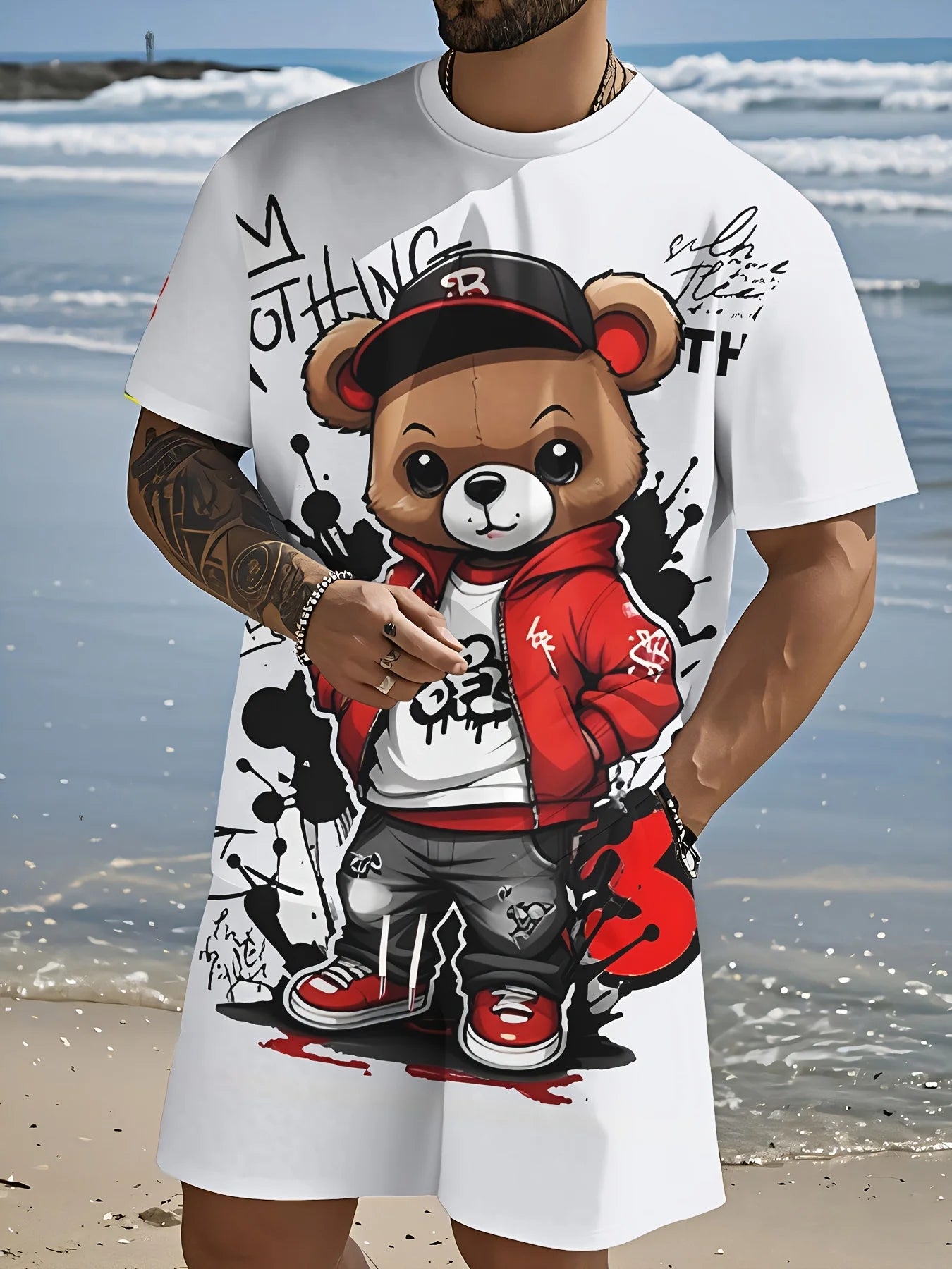 Men new summer fashion teddy bear print soft and breathable round neck T-shirt shorts set.