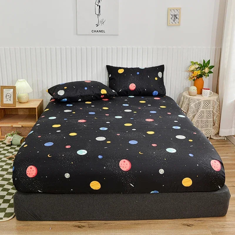 Twin Fitted Bed Sheet with Elastic Blue Flower Printed Bed Cover Single/Queen/King.