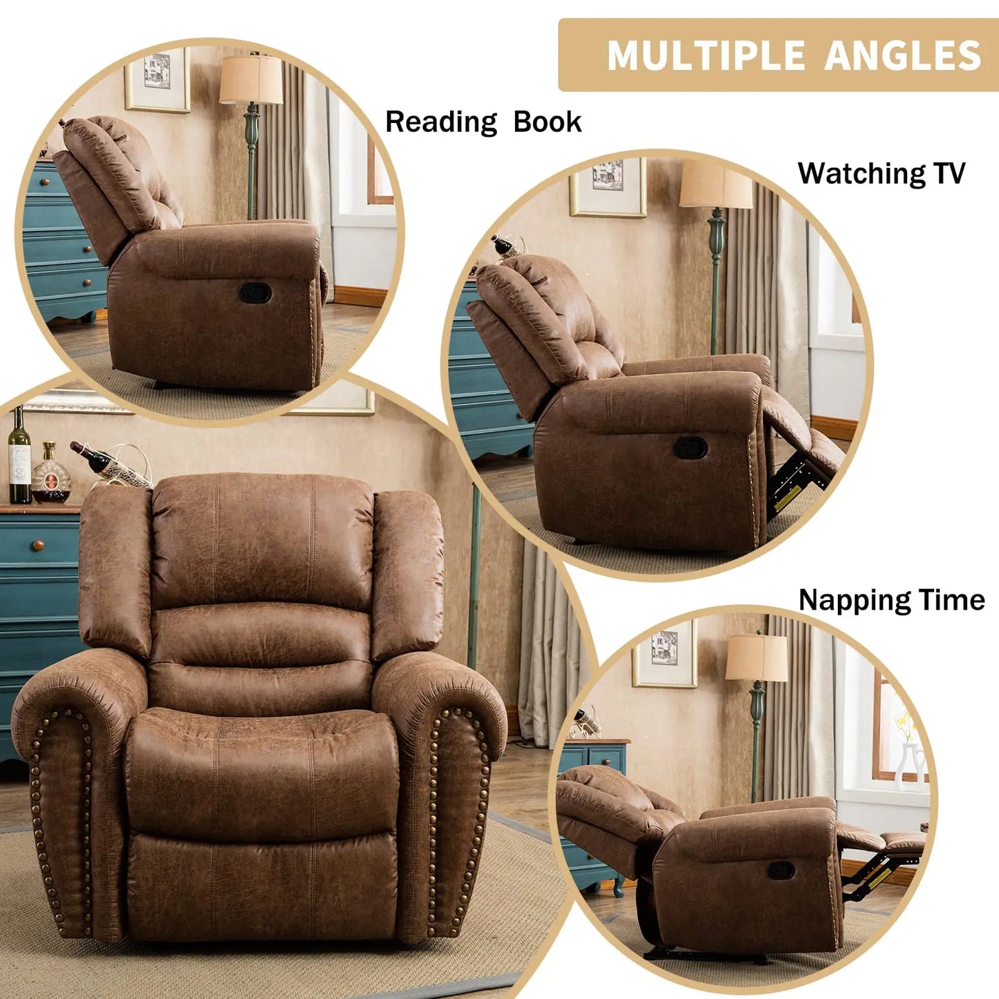 Leather Manual  Recliner Chair with Comfortable Arms and Back
