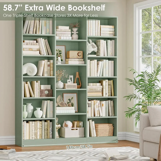 [Free Shipping!]Triple Wide Bookshelf, 6 Tier Large Bookshelf, Bookcase with 17 Open Display Shelves