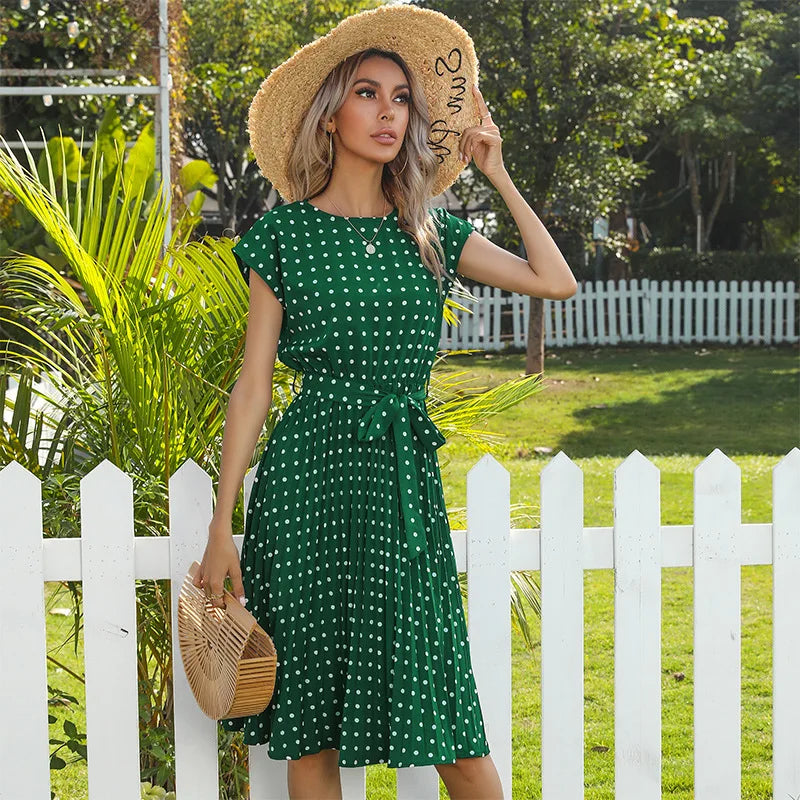 Summer Dresses For Women High Waist Midi Elegant Pleated Polka Dots , Dinner Party Vacation Dress.