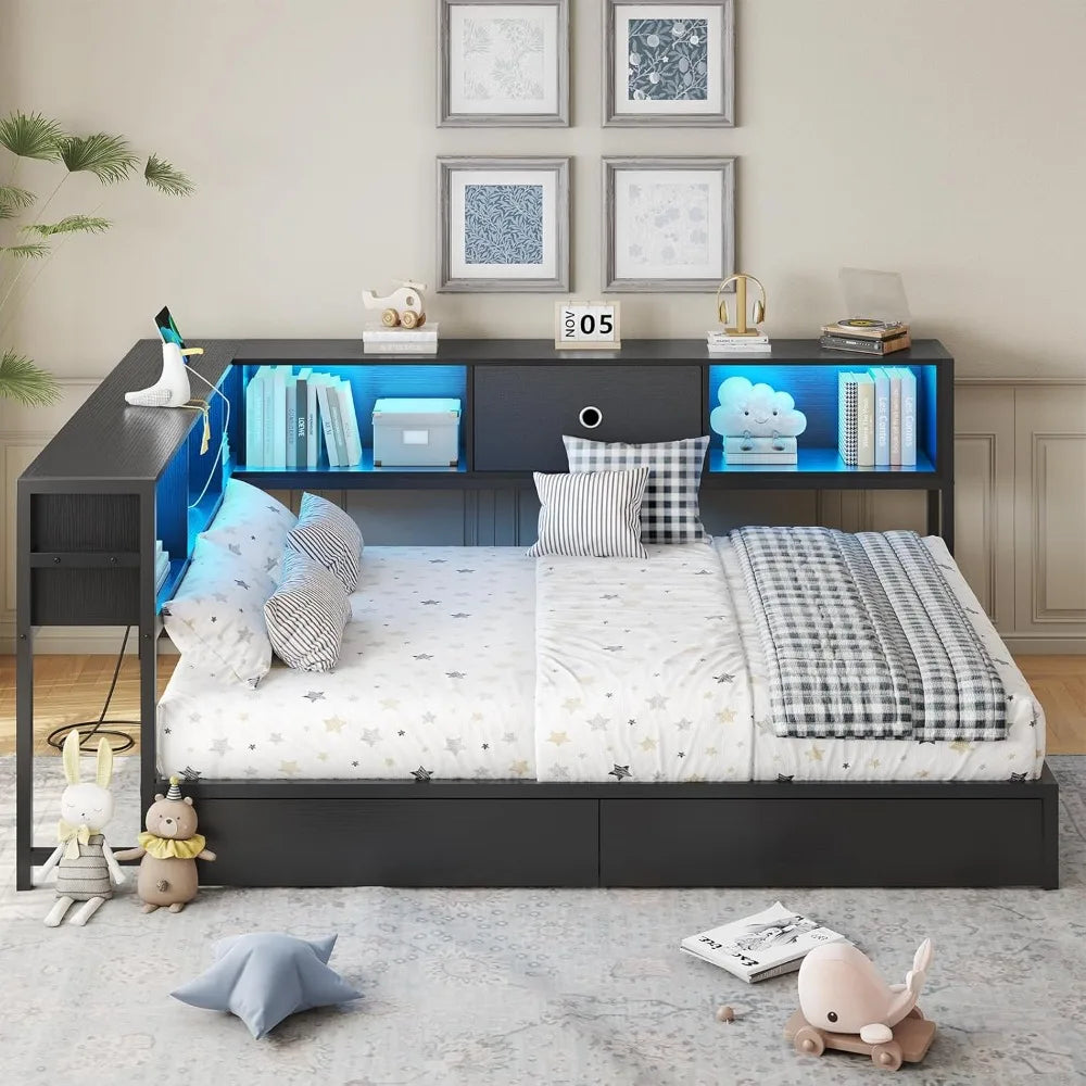Full Corner Bed Frame with LED Lights, Storage Drawers & Charging Station - No Box Spring Needed.