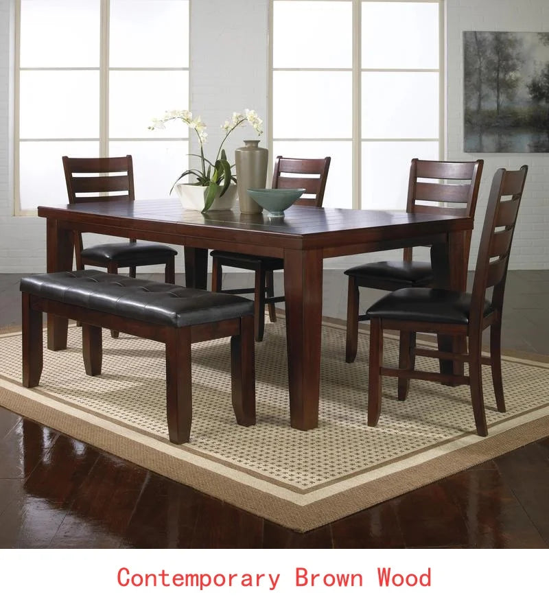 Contemporary 6-Piece Dining Set, 18" Extendable Leaf Table, Upholstered Chairs and Bench, Solid Wood, Brown Finish.