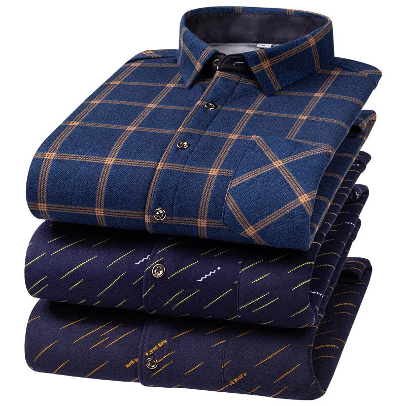 Men Travel, Casual ,Winter, Double-Sided Fleece, Warm Thickened Plaid Work Shirt.