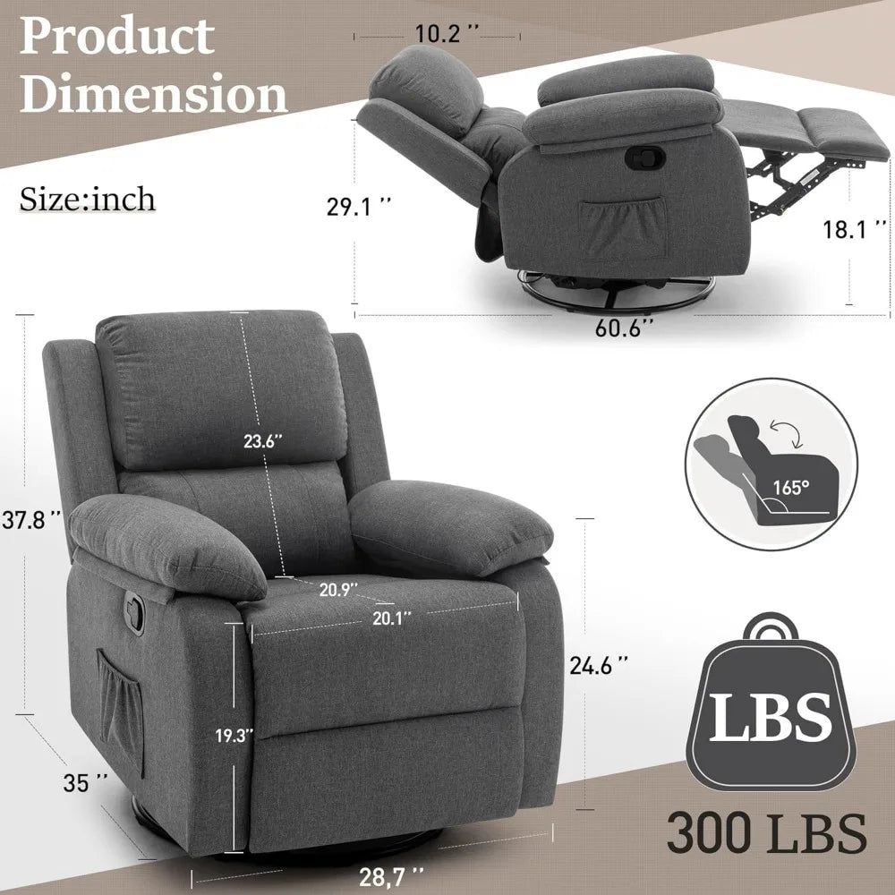 360 Swivel Rocker Recliner Chair for Adults, Glider with Side Pockets.